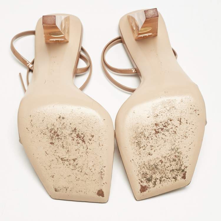 Pre Owned Gianvito Rossi Beige Patent and PVC Ribbon Ankle Strap Sandals Size 37.5