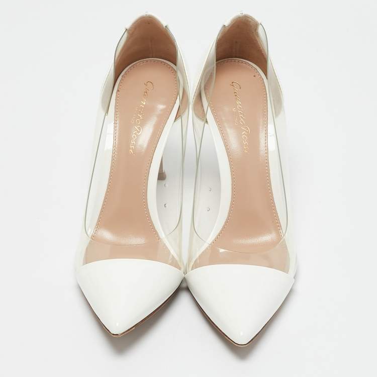 Pre Owned Gianvito Rossi White Patent Leather and PVC Plexi Pumps Size 36