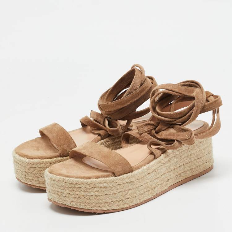 Pre Owned Gianvito Rossi Beige Suede Ankle Strap Wedge Sandals Size 37.5