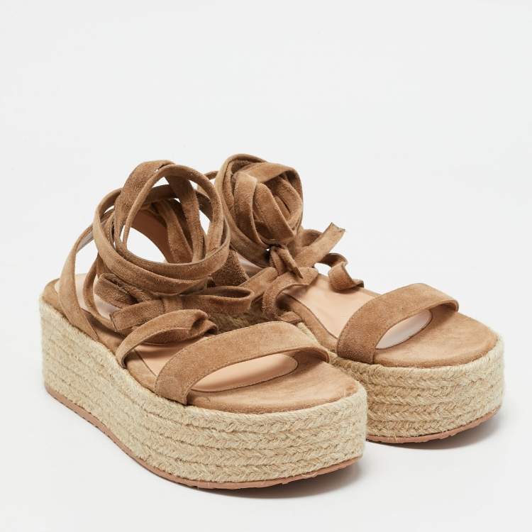 Pre Owned Gianvito Rossi Beige Suede Ankle Strap Wedge Sandals Size 37.5