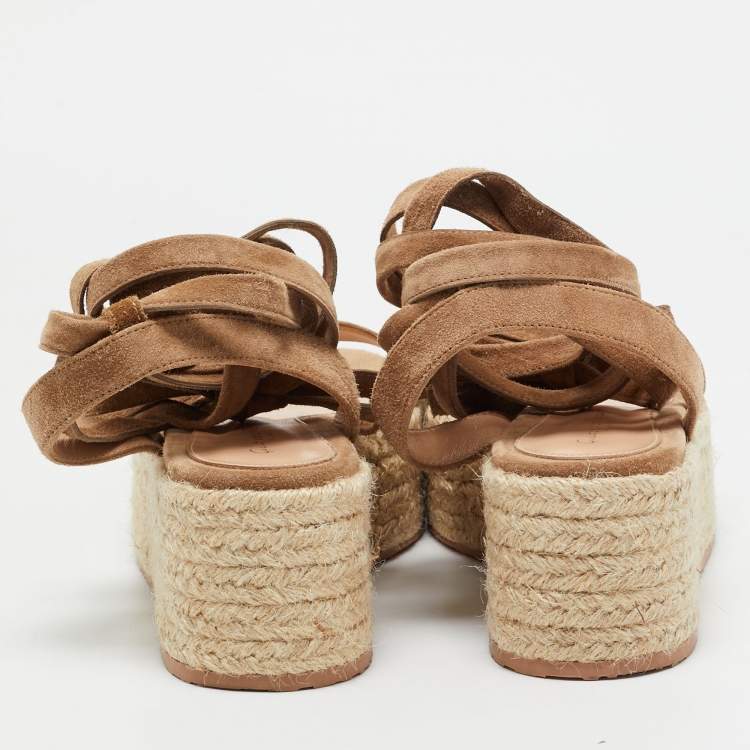 Pre Owned Gianvito Rossi Beige Suede Ankle Strap Wedge Sandals Size 37.5