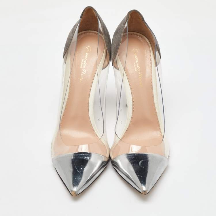 Pre Owned Gianvito Rossi Grey/Silver Suede, Leather and PVC Plexi Pumps Size 40.5
