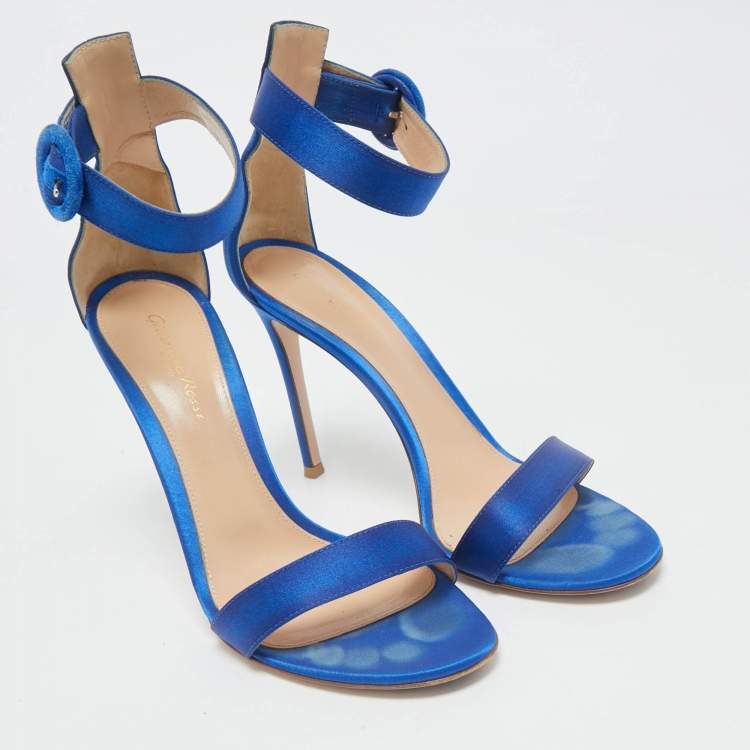 Pre Owned Gianvito Rossi Blue Satin Portofino Ankle Strap Sandals Size 39.5