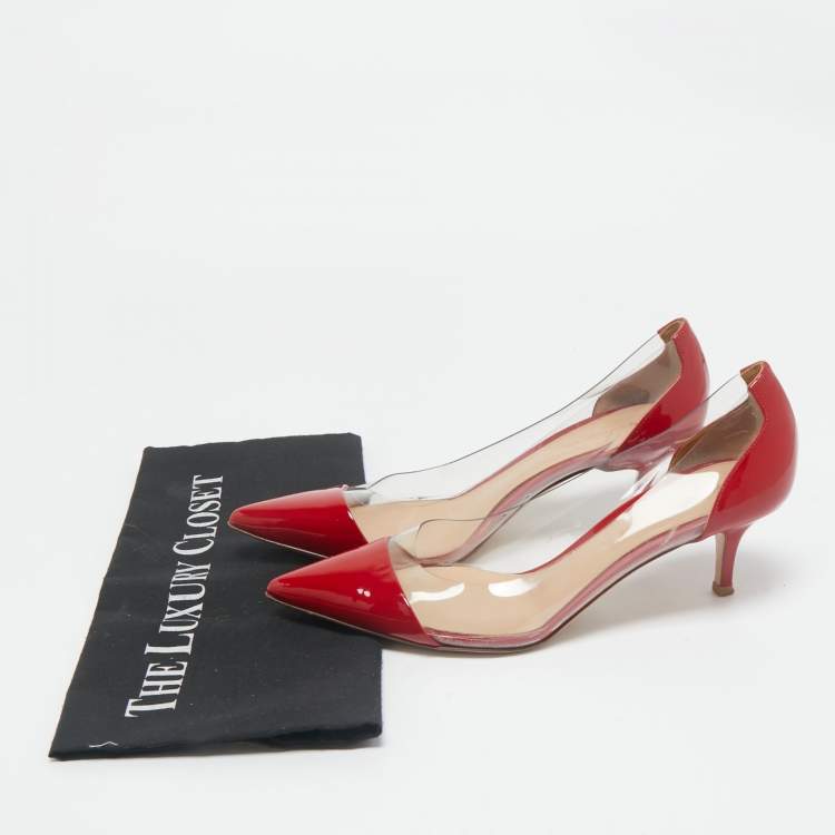 Pre Owned Gianvito Rossi Transparent/Red Patent Leather and PVC Plexi Pumps Size 37.5