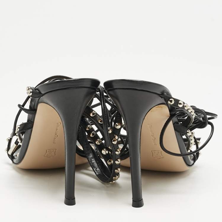 Pre Owned Gianvito Rossi Black Leather Studded Gladiator Sandals Size 37.5
