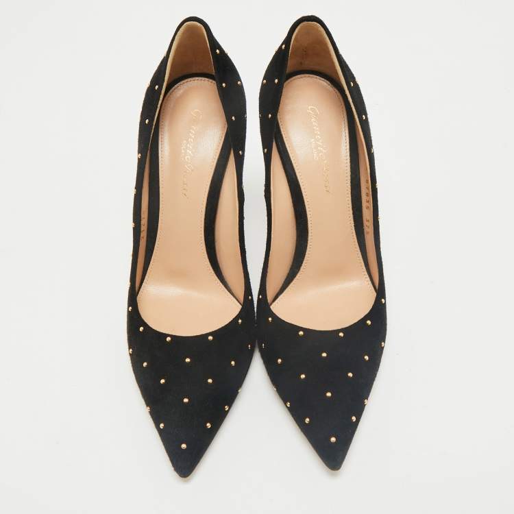 Pre Owned Gianvito Rossi Black Studded Suede Pointed-Toe Pumps Size 37.5