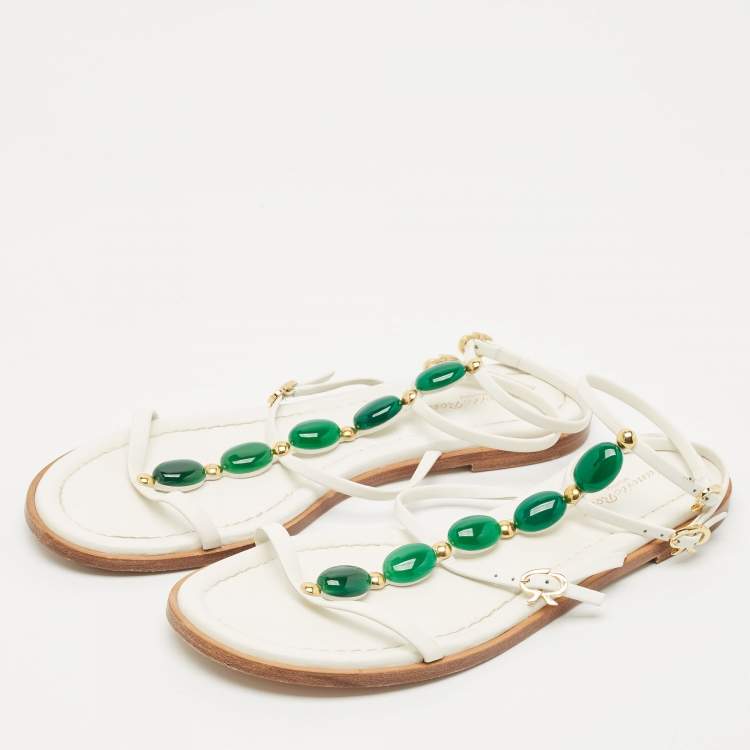 Pre Owned Gianvito Rossi White Leather Embellished Flat Ankle Wrap Sandals Size 41