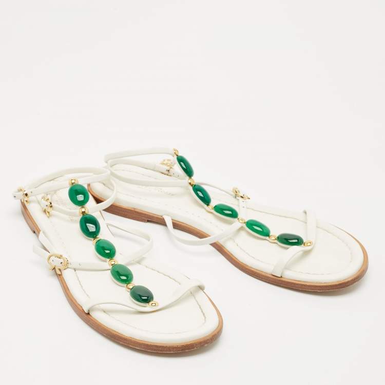 Pre Owned Gianvito Rossi White Leather Embellished Flat Ankle Wrap Sandals Size 41