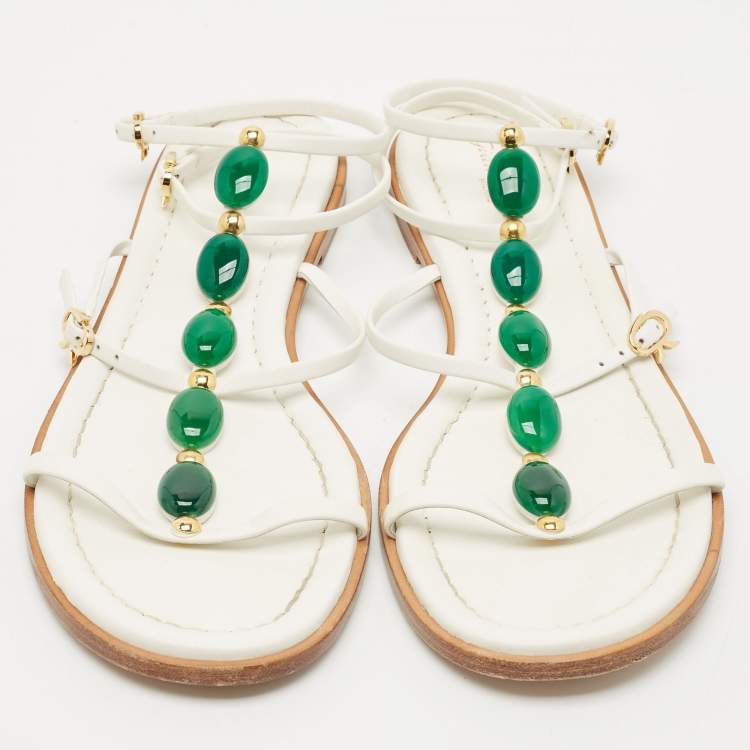 Pre Owned Gianvito Rossi White Leather Embellished Flat Ankle Wrap Sandals Size 41