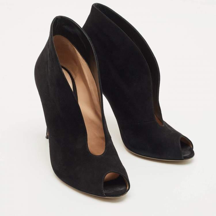 Pre Owned Gianvito Rossi Black Suede Vamp Peep Toe Booties Size 38.5