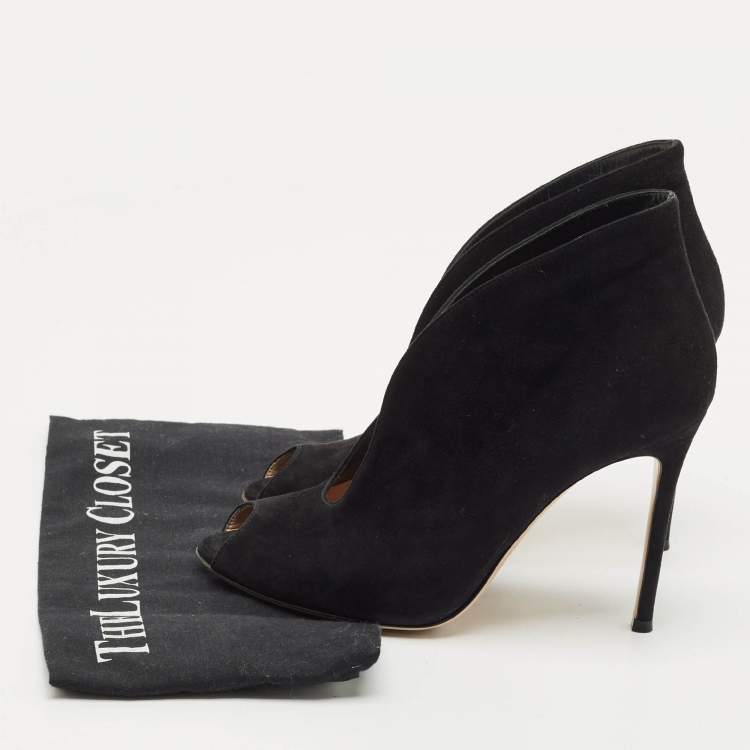 Pre Owned Gianvito Rossi Black Suede Vamp Peep Toe Booties Size 38.5