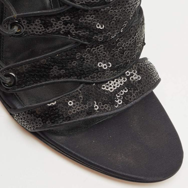 Pre Owned Gianvito Rossi Black Sequins Criss Cross Strappy Sandals Size 41