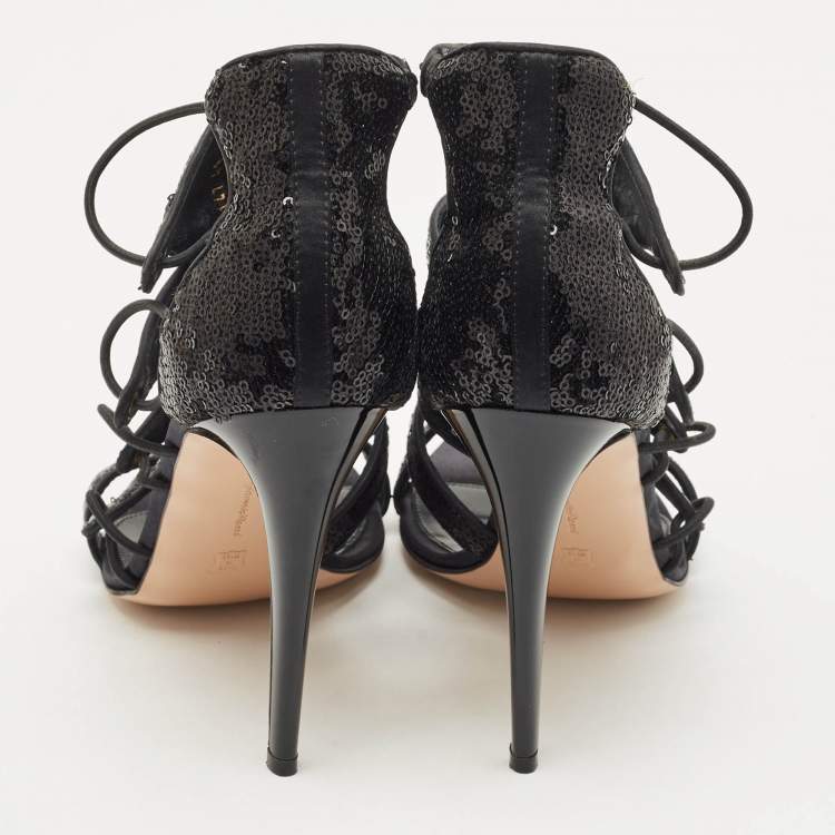 Pre Owned Gianvito Rossi Black Sequins Criss Cross Strappy Sandals Size 41