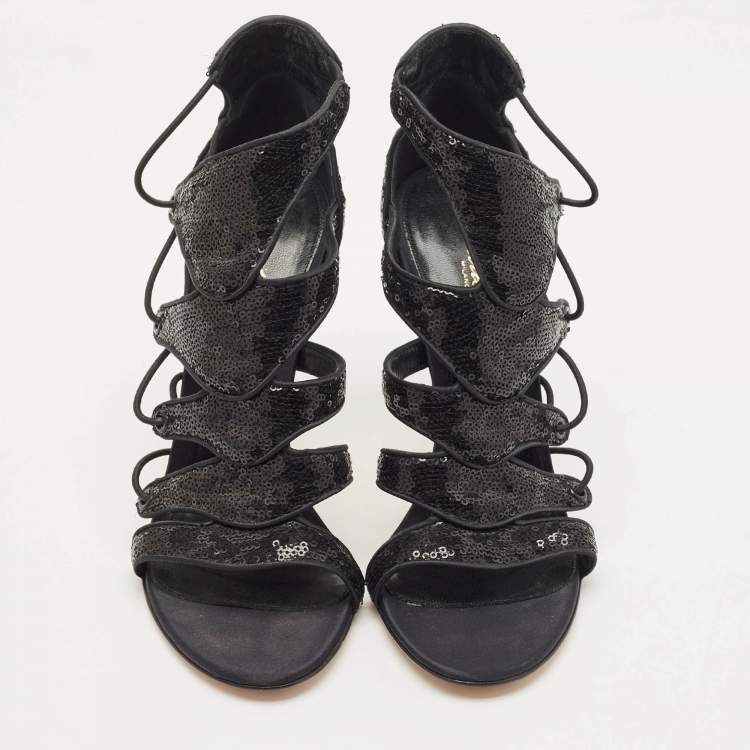 Pre Owned Gianvito Rossi Black Sequins Criss Cross Strappy Sandals Size 41