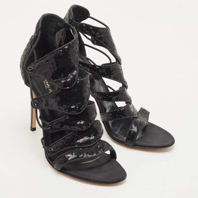 Pre Owned Gianvito Rossi Black Sequins Criss Cross Strappy Sandals Size 41