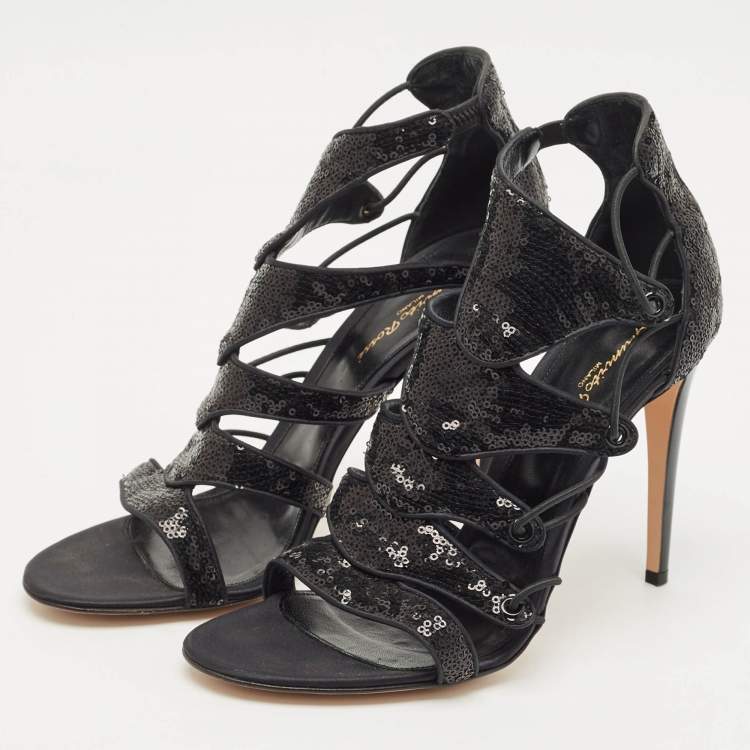 Pre Owned Gianvito Rossi Black Sequins Criss Cross Strappy Sandals Size 41
