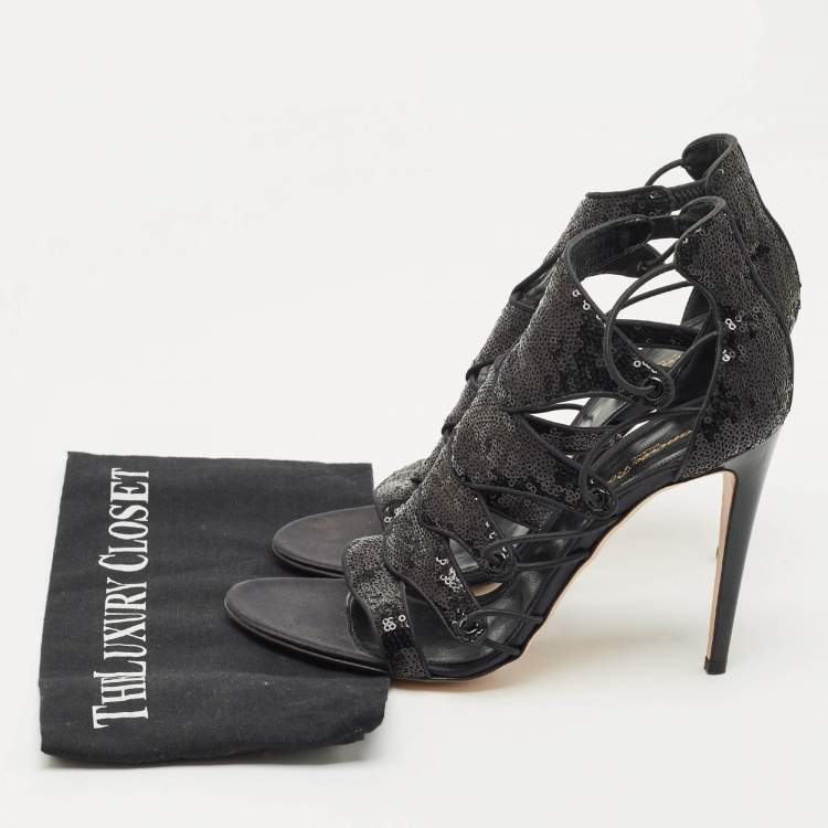 Pre Owned Gianvito Rossi Black Sequins Criss Cross Strappy Sandals Size 41