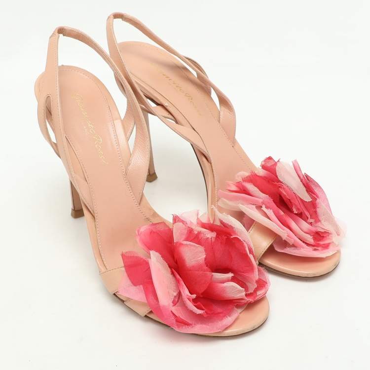 Pre Owned Gianvito Rossi Peach Leather Floral Embellished Slingback Sandals Size 38