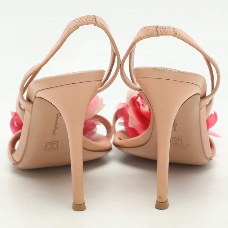 Pre Owned Gianvito Rossi Peach Leather Floral Embellished Slingback Sandals Size 38
