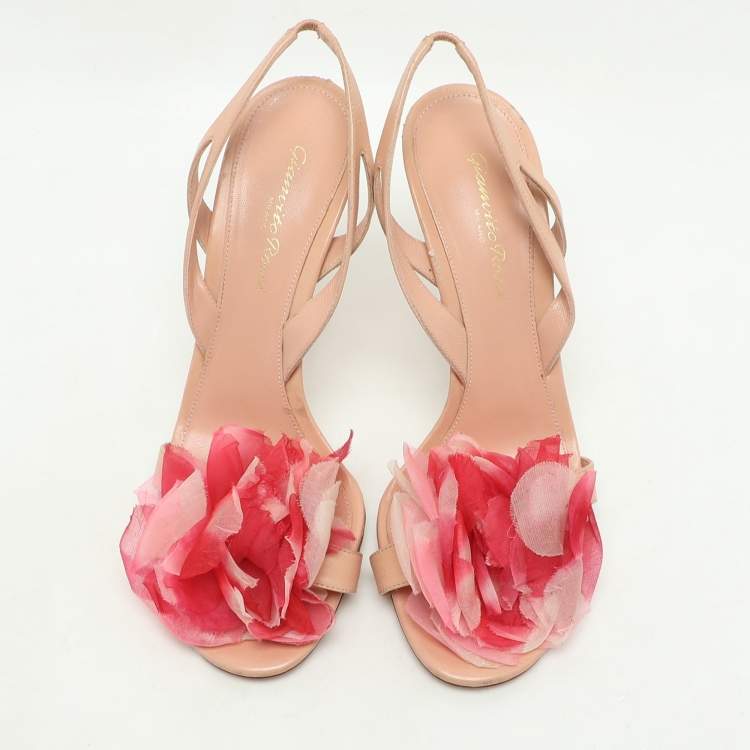 Pre Owned Gianvito Rossi Peach Leather Floral Embellished Slingback Sandals Size 38