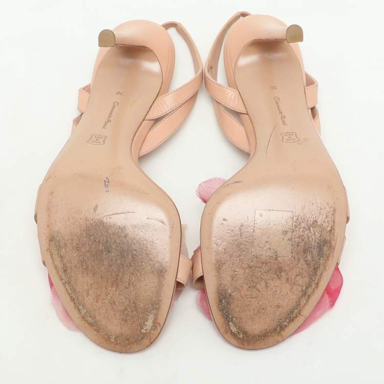 Pre Owned Gianvito Rossi Peach Leather Floral Embellished Slingback Sandals Size 38