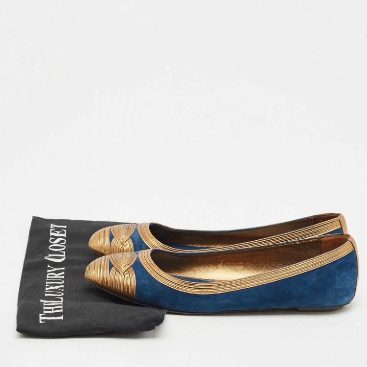 Pre Owned Gianvito Rossi Blue/Gold Leather and Suede Ballet Flats Size 39