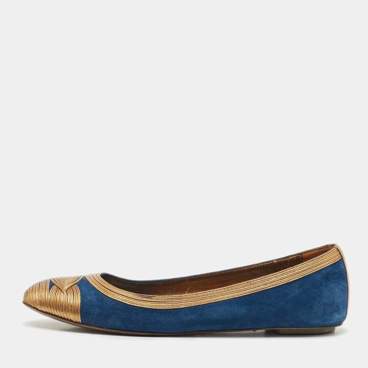 Pre Owned Gianvito Rossi Blue/Gold Leather and Suede Ballet Flats Size 39