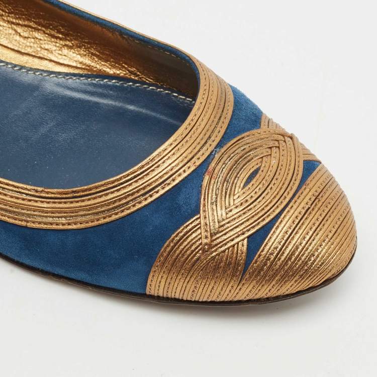 Pre Owned Gianvito Rossi Blue/Gold Leather and Suede Ballet Flats Size 39