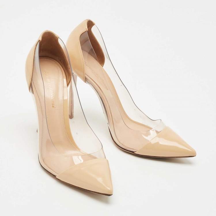 Pre Owned Gianvito Rossi Beige/Transparent Patent Leather and PVC Plexi Pointed Toe Pumps Size 37.5