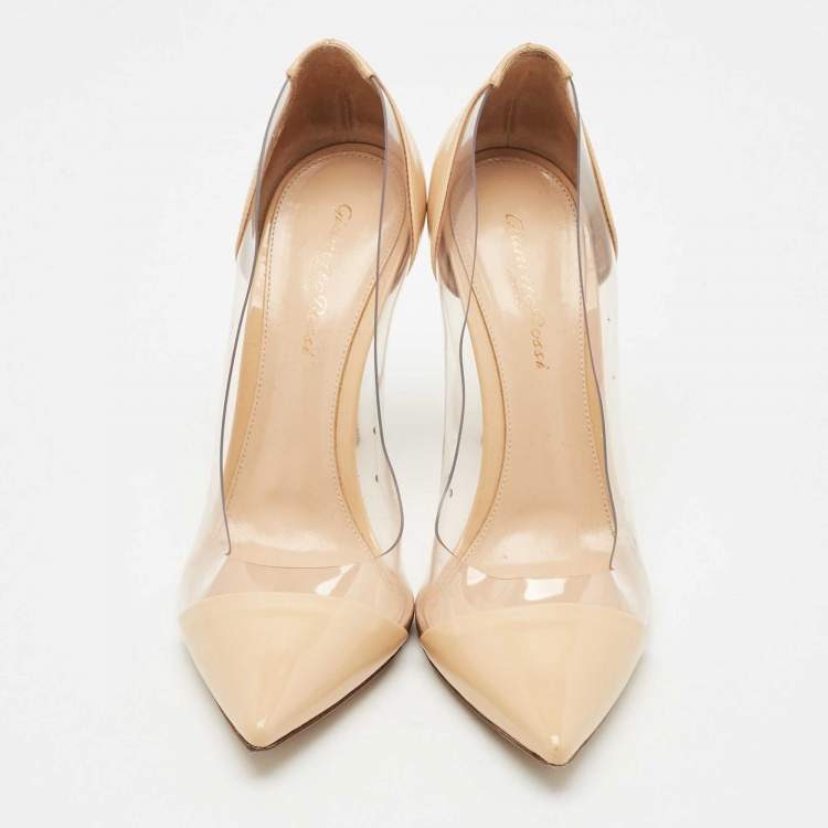 Pre Owned Gianvito Rossi Beige/Transparent Patent Leather and PVC Plexi Pointed Toe Pumps Size 37.5