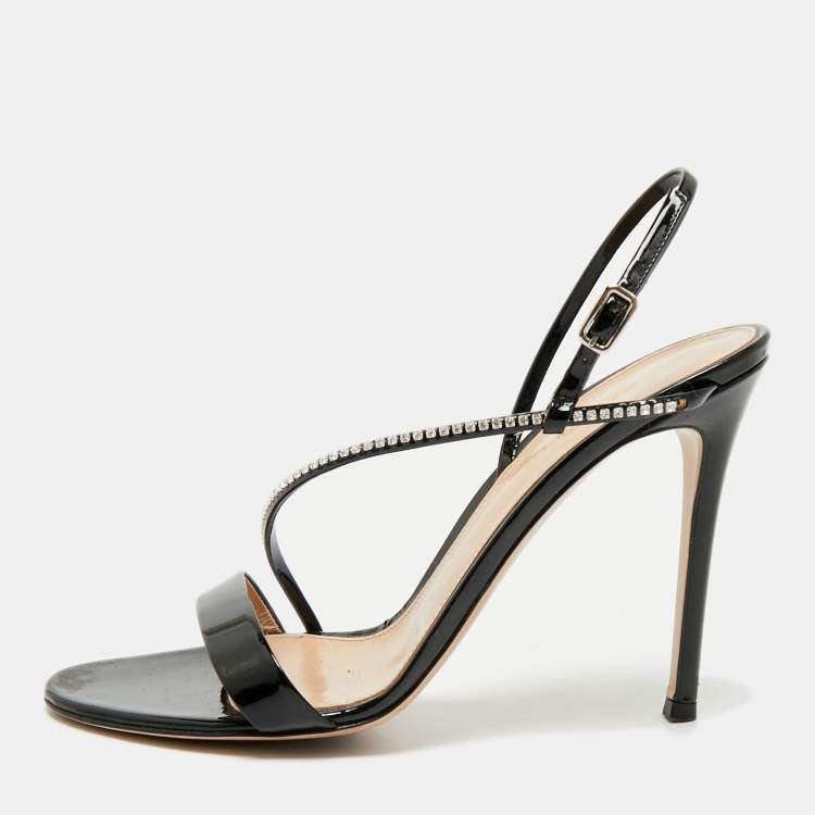 Pre Owned Gianvito Rossi Black Patent Leather Crystal Embellished Slingback Sandals Size 39