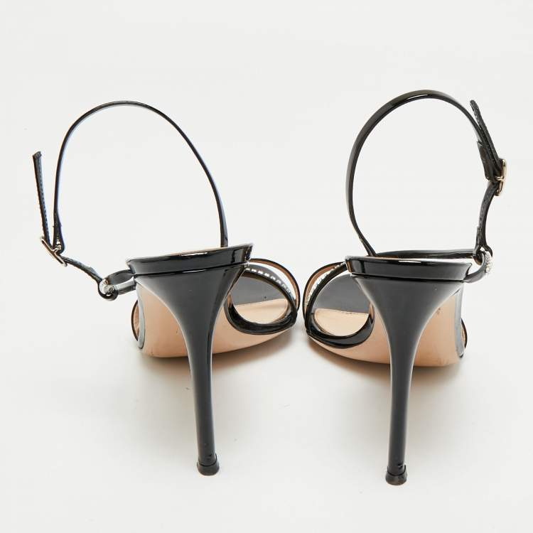 Pre Owned Gianvito Rossi Black Patent Leather Crystal Embellished Slingback Sandals Size 39