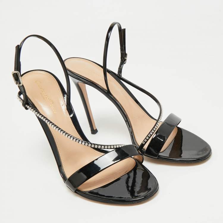 Pre Owned Gianvito Rossi Black Patent Leather Crystal Embellished Slingback Sandals Size 39