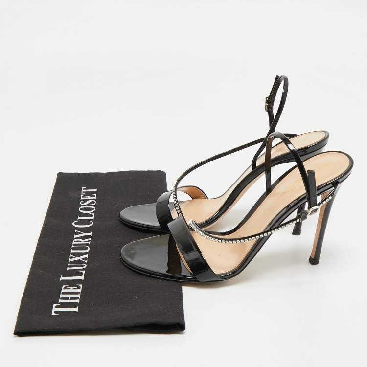Pre Owned Gianvito Rossi Black Patent Leather Crystal Embellished Slingback Sandals Size 39