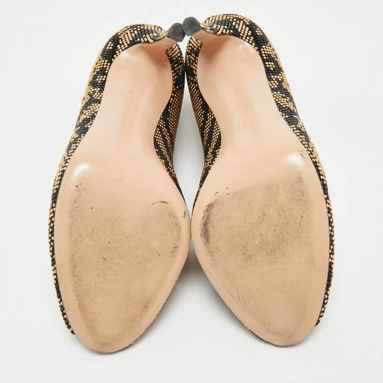 Pre Owned Gianvito Rossi Black/Gold Crystal Embellished and Suede Vamp Peep Toe Booties Size 39
