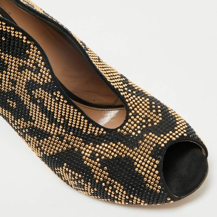 Pre Owned Gianvito Rossi Black/Gold Crystal Embellished and Suede Vamp Peep Toe Booties Size 39