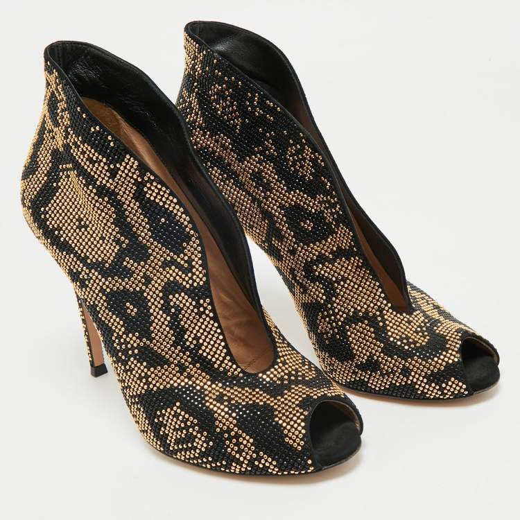 Pre Owned Gianvito Rossi Black/Gold Crystal Embellished and Suede Vamp Peep Toe Booties Size 39