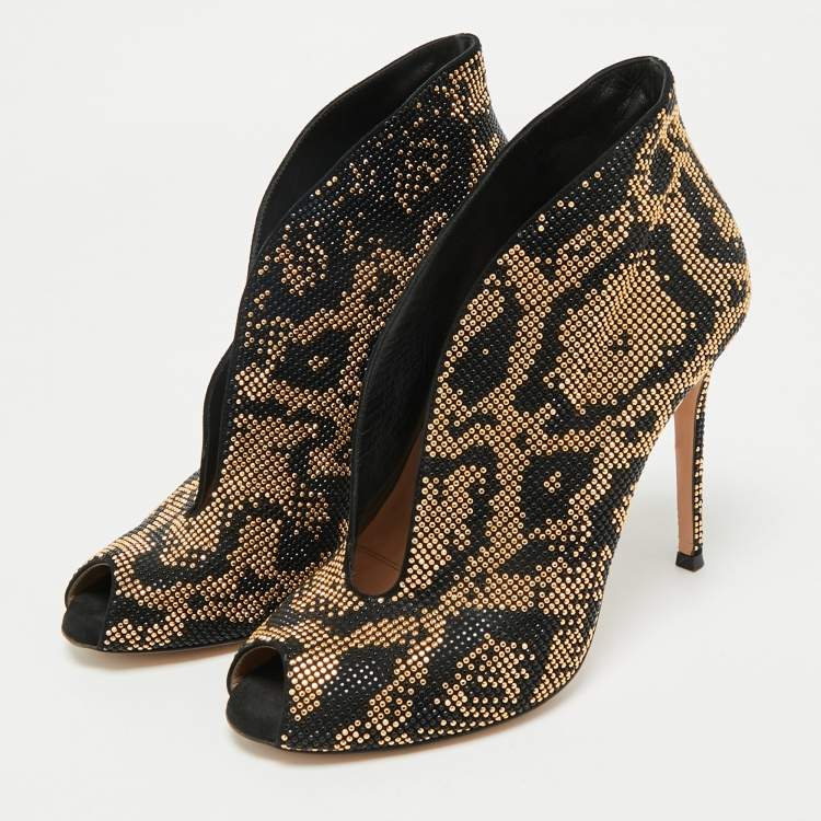 Pre Owned Gianvito Rossi Black/Gold Crystal Embellished and Suede Vamp Peep Toe Booties Size 39