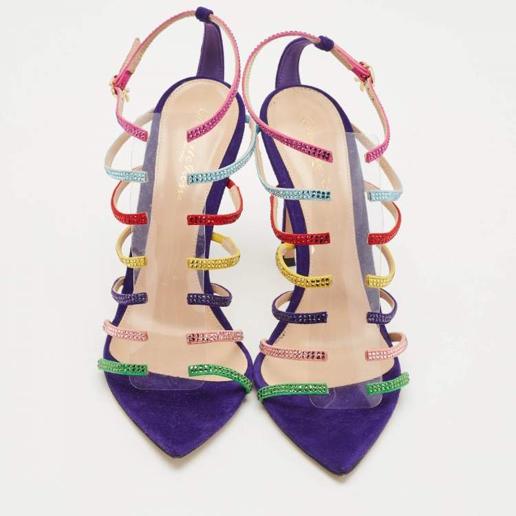 Pre Owned Gianvito Rossi Multicolor Suede Crystal Embellished Mirage Sandals Size 38