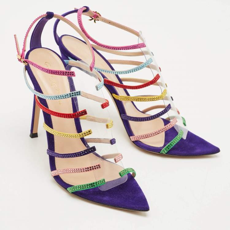 Pre Owned Gianvito Rossi Multicolor Suede Crystal Embellished Mirage Sandals Size 38