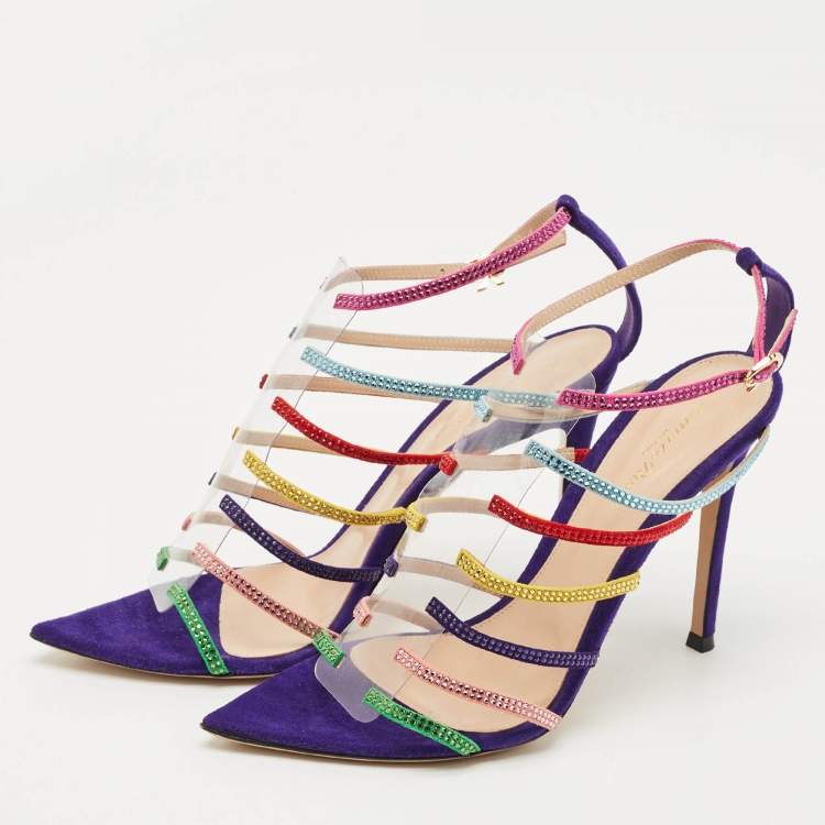 Pre Owned Gianvito Rossi Multicolor Suede Crystal Embellished Mirage Sandals Size 38