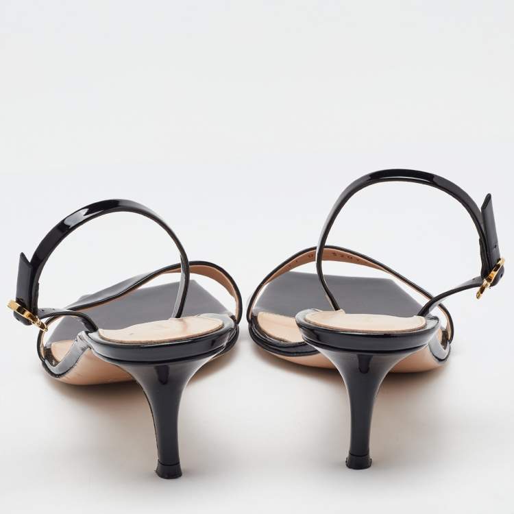 Pre Owned Gianvito Rossi Black Patent Leather Ribbon Slingback Sandals Size 40