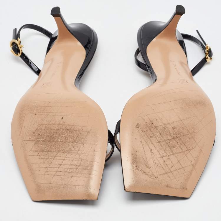 Pre Owned Gianvito Rossi Black Patent Leather Ribbon Slingback Sandals Size 40