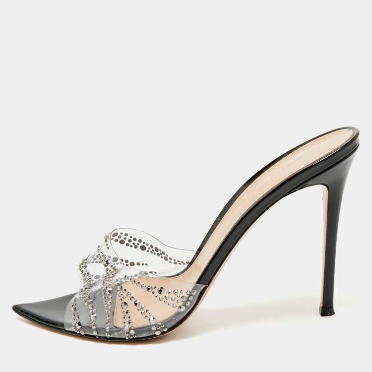 Pre Owned Gianvito Rossi Black PVC Ellle Crystals Embellished Slide Sandals Size 41