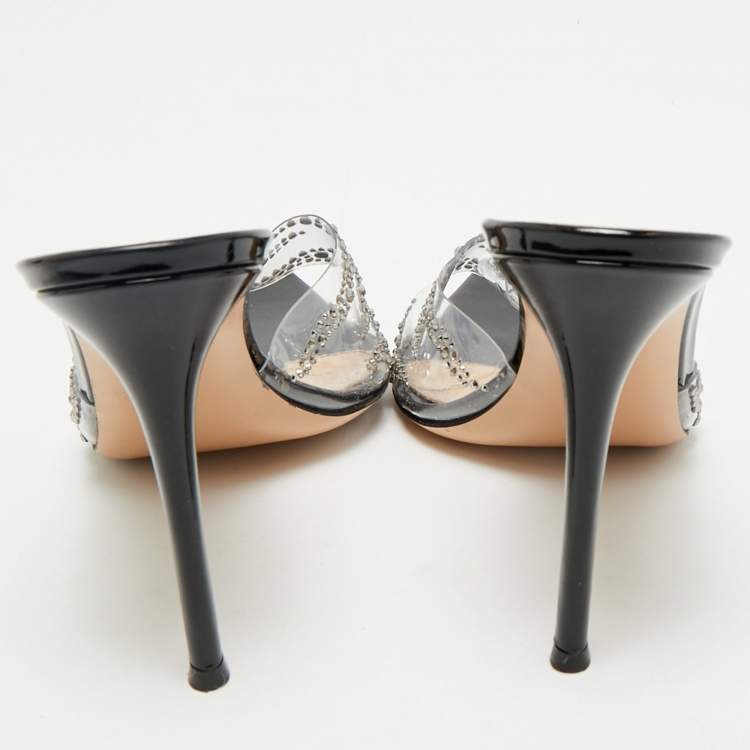 Pre Owned Gianvito Rossi Black PVC Ellle Crystals Embellished Slide Sandals Size 41