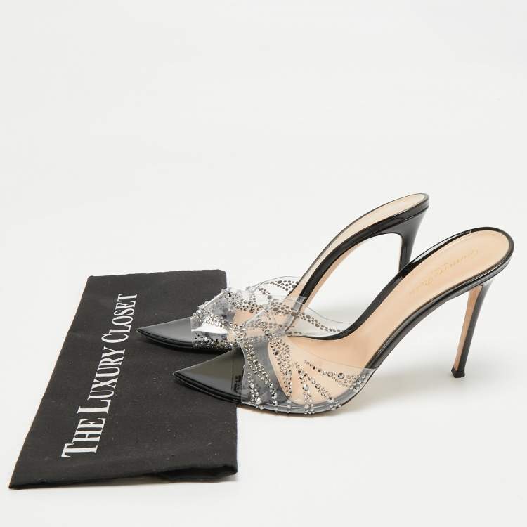 Pre Owned Gianvito Rossi Black PVC Ellle Crystals Embellished Slide Sandals Size 41