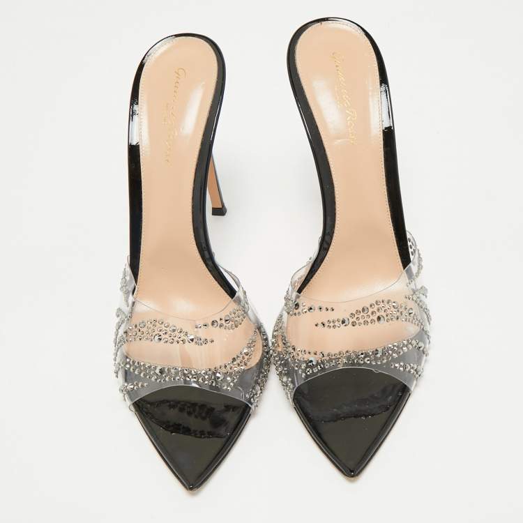 Pre Owned Gianvito Rossi Black PVC Ellle Crystals Embellished Slide Sandals Size 41