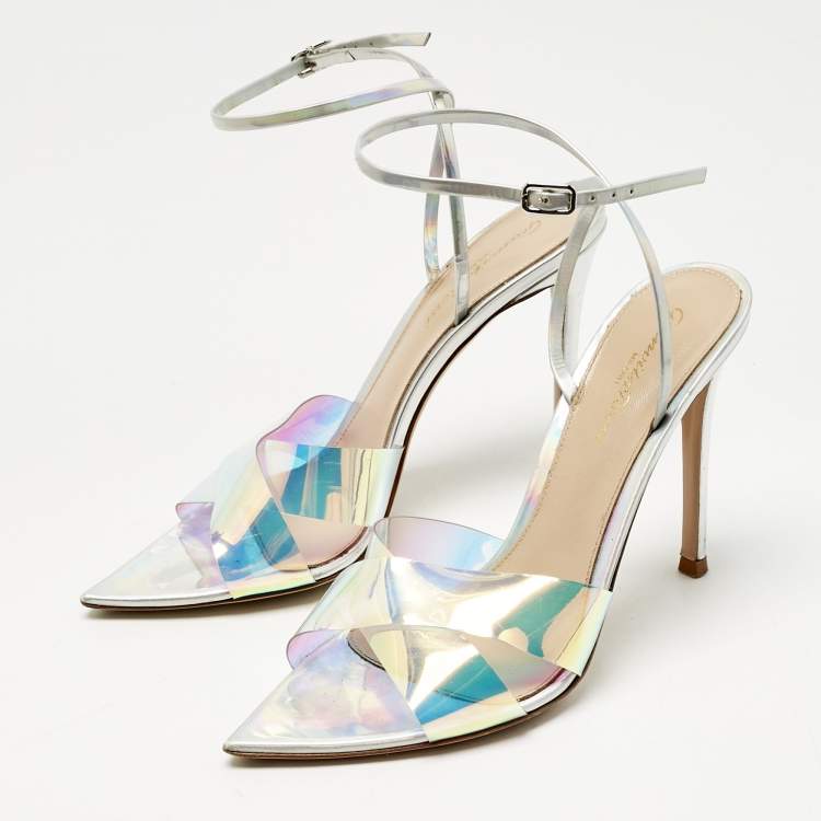 Pre Owned Gianvito Rossi Multicolor Iridescent Leather and PVC Plexi Stark Sandals Size 38
