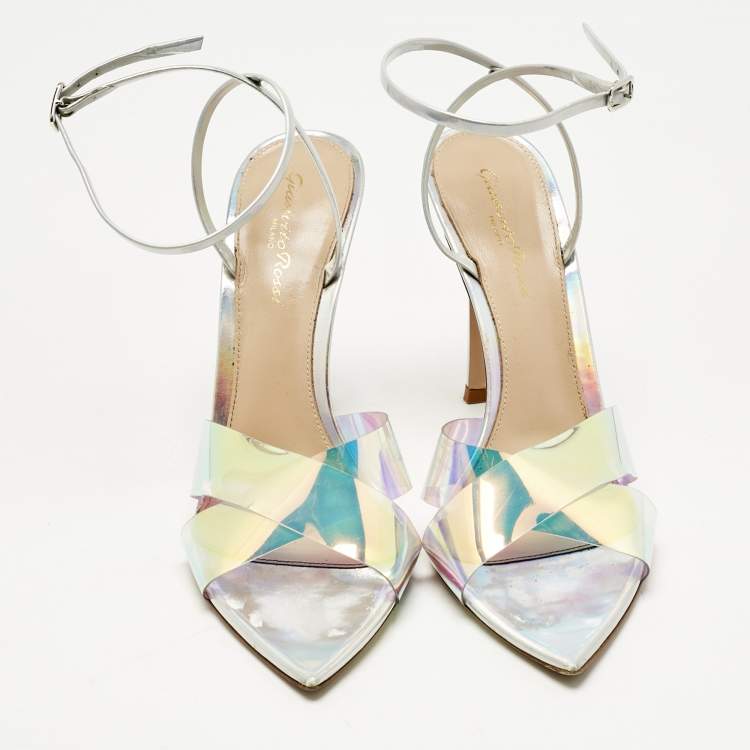 Pre Owned Gianvito Rossi Multicolor Iridescent Leather and PVC Plexi Stark Sandals Size 38