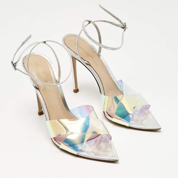 Pre Owned Gianvito Rossi Multicolor Iridescent Leather and PVC Plexi Stark Sandals Size 38